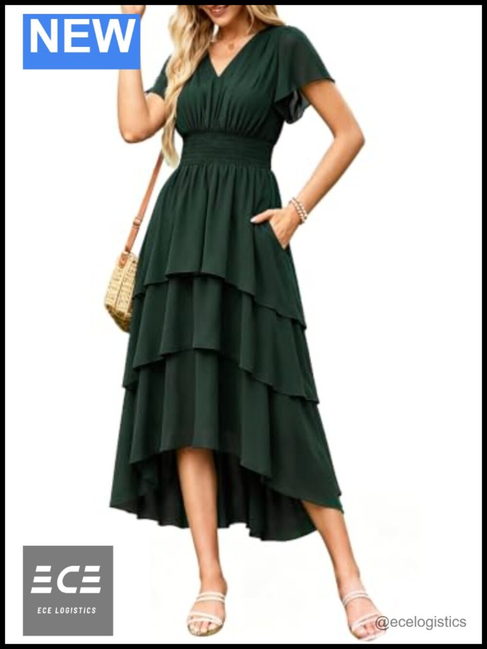 Women's Chiffon Tiered Midi Dress Smocked Waist Short Sleeve High-Low Hem
